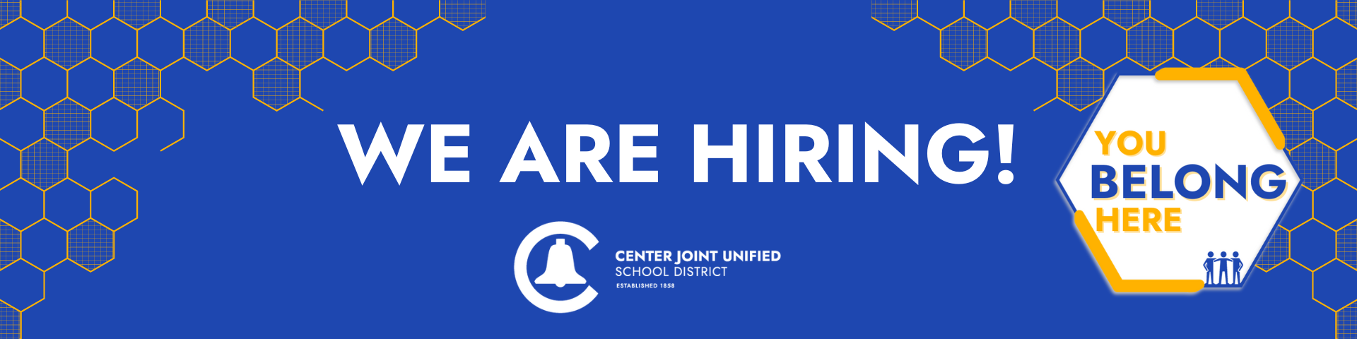 Banner that says We are hiring! With a you belong here logo and a hexagon pattern in the background. District logo at bottom.