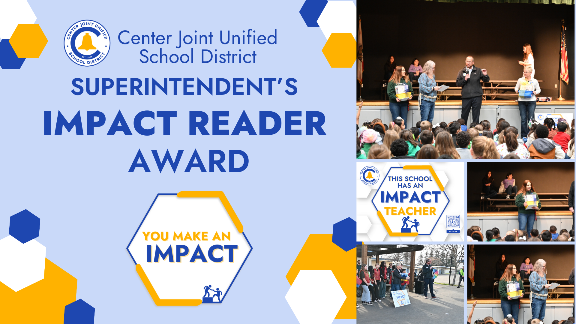 Superintendent's IMPACT Reader award graphic with photos from the events.